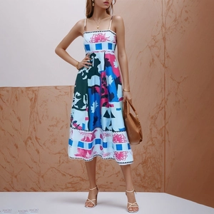 Summer high waist midi dress with vibrant graffiti floral print and spaghetti straps