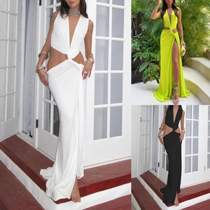 Women Sexy Deep V Neck Sleeveless Maxi Dress Hollow Out Knot High Slit Solid Color Elegant Evening Party Vacation Long Dress