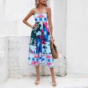 Colorful abstract graffiti print high-waisted midi dress with thin shoulder straps