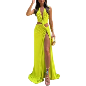 Elegant neon yellow V-neck maxi dress with side cut-outs and high slit for evening party