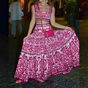 Women's 2-piece set with square neck crop top and floral maxi skirt in rose red