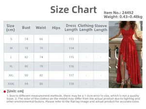 Tableau des tailles pour robe de soirée rouge à paillettes avec mesures en cm du S au 3XL