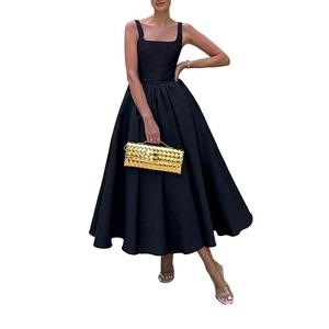 Elegant black square neck sleeveless midi dress with a flared skirt for formal occasions