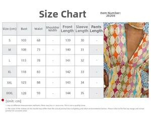 Detailed size chart for elegant slim-fit printed dress with colorful geometric patterns