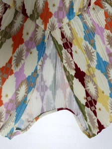 Close-up of plissé fabric featuring colorful geometric prints and pleated texture details