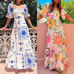 French Vintage Square Neck Puff Sleeve Floral Print Maxi Dress For Women Summer Boho Holiday High Waist A-Line Long Dress