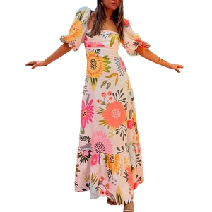 Floral sunflower print off-shoulder maxi dress with puff sleeves and tiered hemline