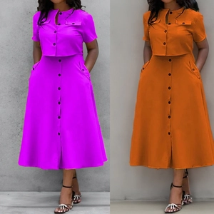 Damen Elegant Pendler Einfarbig Kurzarm Einreihig Oberteil Und Hohe Taille Langer Rock Mode Oberteil Und Unterteil Outfit