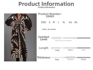 Détail d'une robe maxi imprimé géométrique avec col en V et tableau des tailles du S au 3XL