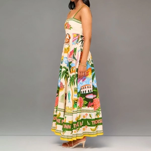 Detailed close-up of retro tropical paradise print and slender green shoulder straps