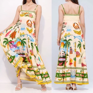 Floral print maxi dress with thin straps and elastic back in tropical beige style