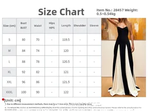Detailed size chart for elegant slim-fit backless dress in black and white tones