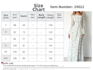 Detailed size chart for elegant floral puff sleeve maxi dress with measurements in cm