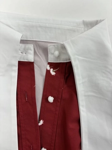 Détail du col blanc rabattu et du corsage bordeaux à imprimé floral avec boutons