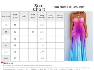Size chart for halter pleated gradient maxi dress including bust and length measurements