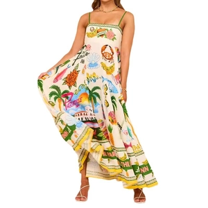 Long tropical print spaghetti strap dress with Paradise Inn motifs and palm tree patterns