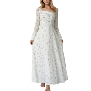 Elegant white floral long-sleeve dress with square neckline and sheer mesh sleeves