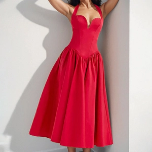 Robe Dos Nu Femme Décolleté en V Trapèze Élégante Sans Manches Plissée Taille Haute Couleur Unie Robe Longue Fête