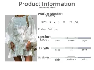 Detail view of a white ruffled dress showing long sleeves and layered pleated hem design
