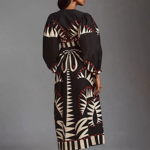 Robe longue vintage à col en V avec manches lanterne et imprimé géométrique abstrait