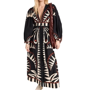 Robe longue bohème à col en V avec manches lanternes et imprimé géométrique vintage