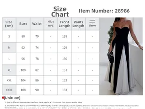 Detailed size chart for elegant backless evening dress with black and white splice