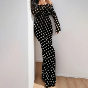 Elegantes Polka Dot Schulterfreies Maxi Kleid Langarm Bodycon Hohe Taille Meerjungfrau Abendkleid Damen Mode Party Kleid