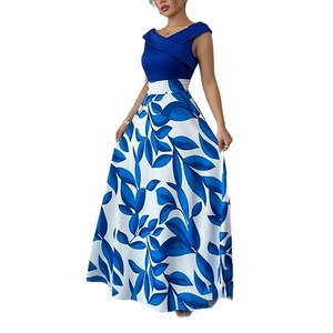 Elegant sleeveless V-neck maxi dress with solid blue top and floral print A-line skirt