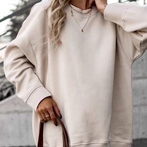 Oversized beige round neck sweatshirt with drop shoulders and ribbed cuffs for women