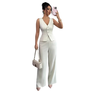 Women's 2-piece cream vest and high-waist wide-leg pants suit for professional chic look