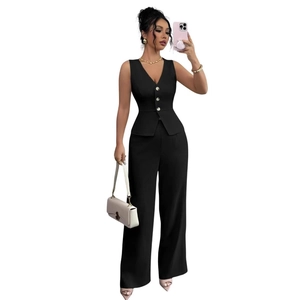 Detailed view of women's black sleeveless vest and high waist wide leg trousers suit