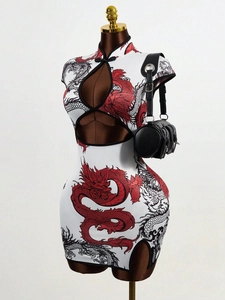 Robe courte qipao élégante à imprimé dragon chinois avec découpe et sac cylindrique