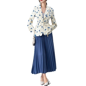 Floral print blazer jacket with belted waist and pleated long skirt set for women