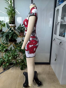 Détail de l'imprimé dragon chinois sur la robe qipao blanche avec des motifs rouges