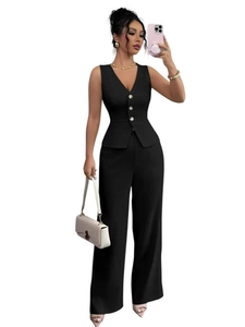 Women's two-piece black suit set with sleeveless vest and high waist wide leg pants