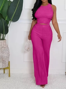 Ensemble Femme Sexy Dos Nu à Nouer Haut et Bas Couleur Unie Plissé Pantalon Large Polyester Élasthanne Casual Mode