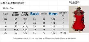 Size chart for backless knitted dress with 3D rose detail and measurements in CM