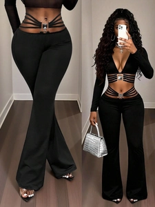 Γυναικείο Sexy Διάτρητο Crop Top Με Μακρύ Μανίκι Και Ψηλόμεσο Παντελόνι Καμπάνα Streetwear Ενδυμασία Μόδας