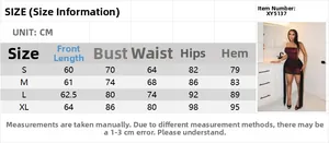 Detailed size chart for women's knit mesh tube dress in burgundy and black