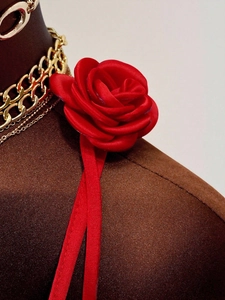 Elegant red fabric 3D rose choker necklace with silk ribbon tie for women