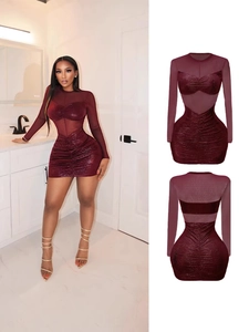Robe Moulante Sexy pour Femmes Patchwork de Maille Plissée Manches Longues Texture Serpent Mini Club Soirée Robe Ajustée