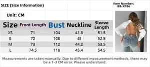 Size chart for women's backless white shirt featuring crystal chain and sleeve measurements