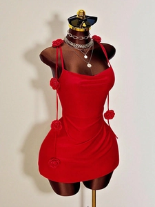 Elegant red backless knitted mini dress with 3D rose flower decorations and thin straps