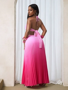 Ensemble élégant avec haut dos nu et jupe longue plissée à dégradé rose pour femmes