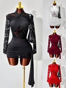Women Sexy Lace Patchwork Bodycon Mini Dress Cross Halter Neck Ruched Long Sleeve Night Out Cocktail Clubwear Dress