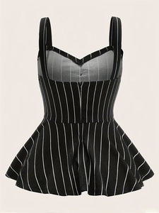 Sleeveless black and white striped peplum mini dress with slim waist and A-line silhouette