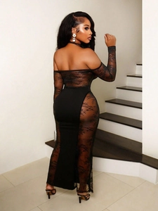 Robe maxi sexy en dentelle noire à épaules dénudées avec détails transparents ajustés