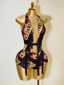 Body dos nu col en V plongeant pour femmes avec imprimé flammes et motif challenge