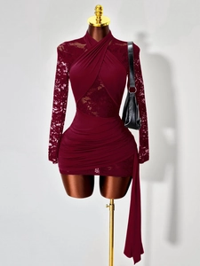 Elegant burgundy long sleeve bodycon dress with lace stitching and halter neck design