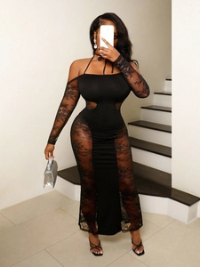 Robe longue sexy noire dos nu avec dentelle ajourée et manches longues pour soirée